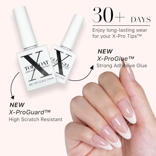 SXC Cosmetics French Tip Press On Nails - Skin Tone Nude and Color Series, Medium Almond X-Pro Tips Starter Kit ST115KIT - color: Skin Tone - M Almond