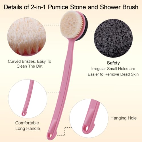 Pumice Stone Brush for Feet with 13.7" Long Handle, 2-in-1 Shower Foot Scrubber Callus Remover Pedicure Tool, Dead Skin Remover, Back Scrubber Body Brush for Shower Deep Cleansing, Pink - color: Pink Pumice