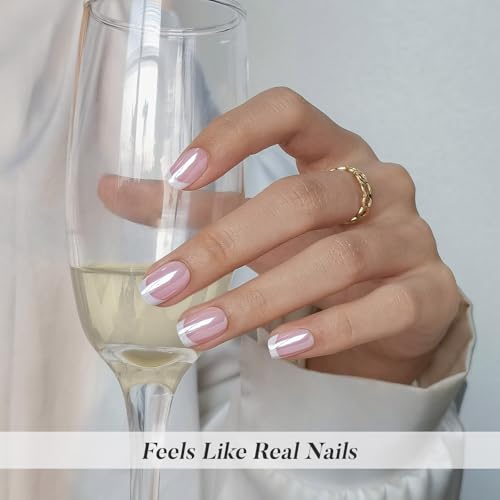 SHANGMENG Press on Nails, Square Short Chrome French Tip Nails, Soft Gel - color: Aurora French