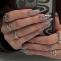 MISUD Press on Nails - Medium Almond Glue on Nails with Silver Chrome, Acrylic 3D Pearl Design 24 pcs - color: 11206Silver