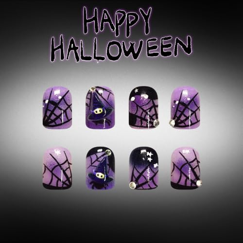 Purple Halloween Press On Nails, Short Square Spiderweb Witch Hat Design - color: style 25