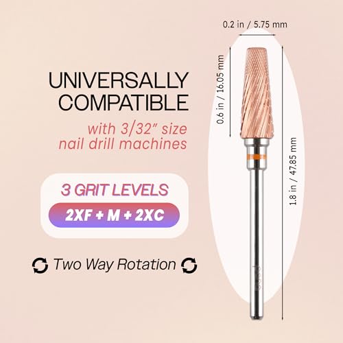 PANA 5-in-1 Pro Upgraded Multi-Function Drill Bit 3/32" Shank Size - (Rose Gold, 2X Coarse to 2X Fine) - Mix Size Tungsten Drill Bit Fast Remove Acrylic Hard Gel Nail for Manicure Pedicure - color: Rose Gold, size: Pro Upgraded