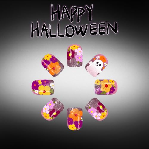 Halloween Press On Nails, Short Square Ghost Floral Design, Purple - color: style 03