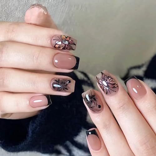 RTKHFZE Short Press on Nails Square Black Butterfly Fake Nails with Design Exquisite Stick on Nails Full Cover Acrylic Glossy Glue on Nails Artificial Nails for Women Manicure Decorations 24Pcs - color: style011