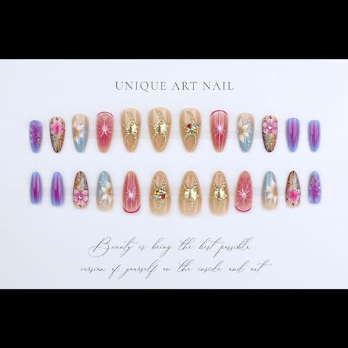 Summer Press On Nails Medium Almond Fake Nails With 3D Flower Rhinestone Design Acrylic False Nails French Leopard Print Nail Press Ons Orange Glossy Glue On Nails For Women - color: Design-24