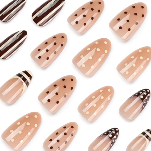 Polka Dot French Tip Press on Nails Medium Almond Brown Stripe Fake Nails - color: style-02