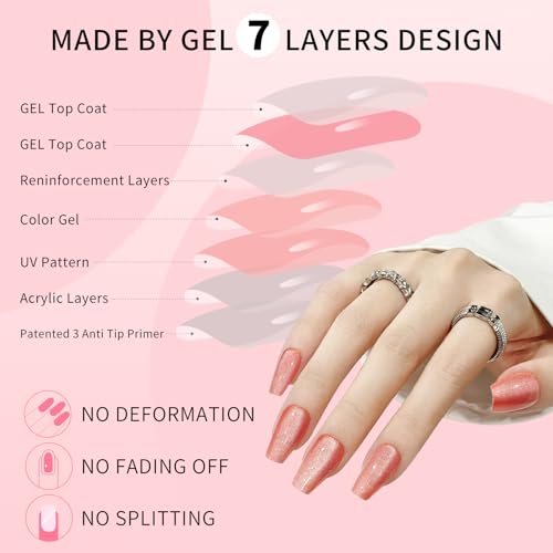 Skycloud Orange Cat Eyes Press On Nails - 24 Pcs Soft Gel Medium Coffin False Nails Kit with Nail Glue, Reusable Stick On Nails for Women and Girls (SK0859) - color: SK0859-Orange