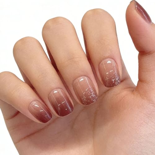 Fall Press on Nails Short Square Fake Nails Brown Ombre Glitter Designs - color: 23