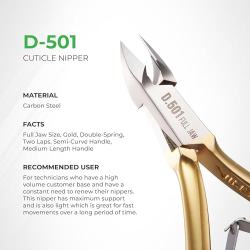 Professional Hard Steel Cuticle Nipper - D-501, Precision Nail Tech Nipper with Gold and Grey Plated Double Spring Jaws - Lap Joint Construction for Superior Performance. - color: Gold - 2 Spring