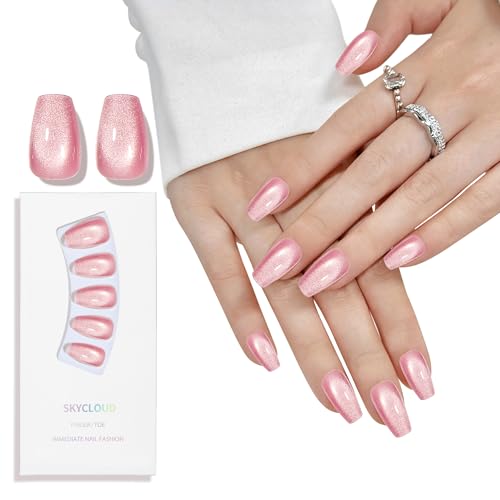 Skycloud Cat Eyes Press On Nails - 24 Pcs Soft Gel Rose Red Pink Medium Coffin Fake Nails Kit with Nail Glue, Natural Reusable Stick On False Nails for Women and Girls (SK0719) - color: SK0719-Rose Red