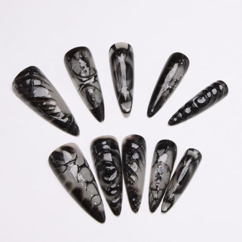 Halloween Goth Press on Nails Medium - Almond Fake Nails Horror Eyeball Black Nails Press ons,Halloween Wound Full Cover Stick on Nails Reusable Acrylic Nails for Women 24Pcs - color: Black halloween goth