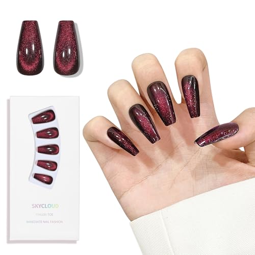 Cat Eyes Press On Nails,12 Sizes - 24 Pcs Soft Gel Dark Purple Red Medium Coffin Fake Nails Kit with Nail Glue, Natural Reusable Stick On False Nails for Women and Girls (Skycloud Nails) SK0822 - color: 822-Dark Purple Red