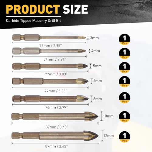 7Pcs 1/8"-1/2" Carbide Masonry Drill Bits Set Hex Shank Yellow - color: Yellow, size: 1/8"-1/2"