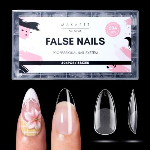 Makartt Medium Almond Nail Tips: 504 PCS Pre-Etched Clear False Nails Tips Almond Shapes, 15 Sizes Full Cover Half Matte Soft Acrylic Press On Nail Extensions Supplies Salon and DIY at Home - size: Medium