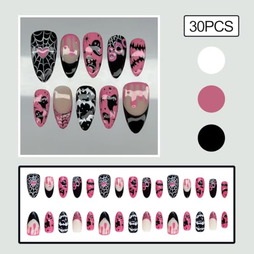 Halloween Press on Nails 30Pcs Pink Black Ghost Bat Spider Web - color: Pink Black Halloween