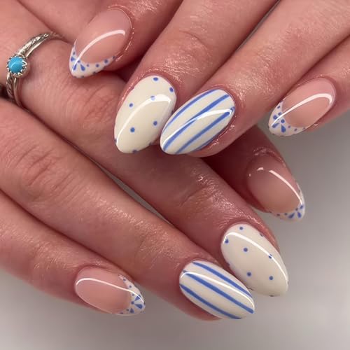 Polka Dot Press On Nails Short Almond Fake Nails French False Nails With Blue Stripe Design Reusable Acrylic Nail Press Ons Glossy Full Cover Glue On Nails For Women Manicure 24Pcs - color: Design-16