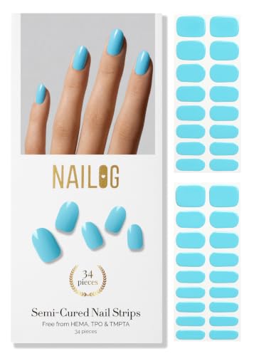 NAILOG Semi Cured Gel Nail Strips 34Pcs Sky Blue Gel Nail Stickers - Aqua - color: Aqua