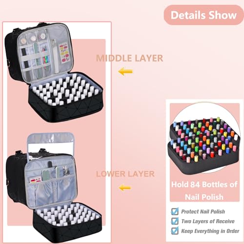 FCQQYWZ Large Nail Polish Organizer Case Hold 84+ Bottles Nail Polish & Nail Lamp, 3 Layers Nail Organizers and Storage for Nail Tech with Divider, Travel Carrying Case(Black) - color: Black-84Bottles