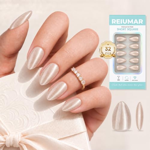 Champagne Shimmer Press On Nails, 32-Piece Almond Reusable ABS Fake Nail Kit with Nail Glue, Glue Remover, Adhesive Tabs, Mini File, Prep Pad and Manicure Stick - color: Champagne Shimmer - Almond