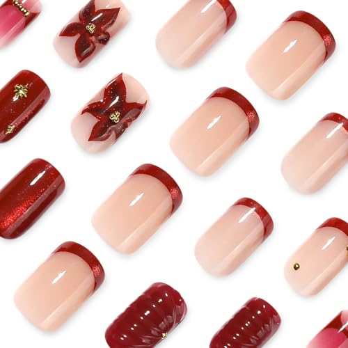 RTKHFZE Red French Tip Press on Nails Short Square Fake Nails 24Pcs - color: Style-42