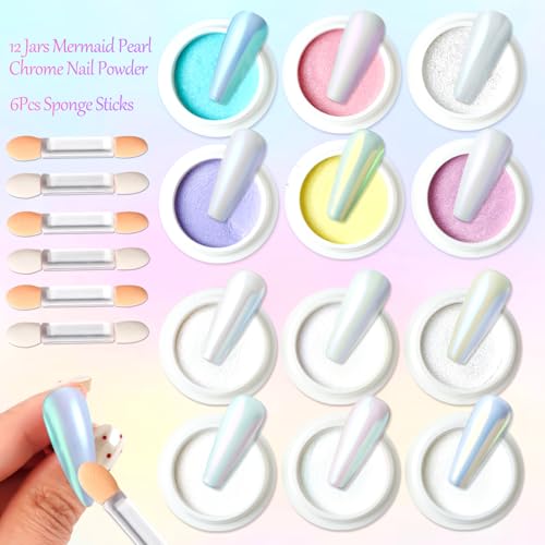 12 Jars Pearl Chrome Nail Powder, Iridescent Aurora Powder - color: F-123+F-124+6pcs sponge sticks