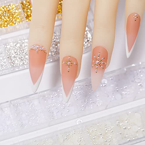 Nail Charms - Metal Gold & Silver, Flat Back Round Nail Art Charms, Small Nail Pearls, 3D Mixed Sizes Decorations for Nails - color: Nail Pearls Rivet