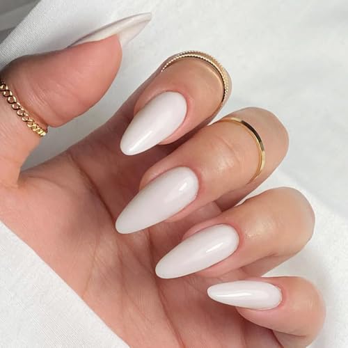 Cream White Acrylic Press on Nails Almond Medium Fake Nails - color: 02-Cream White