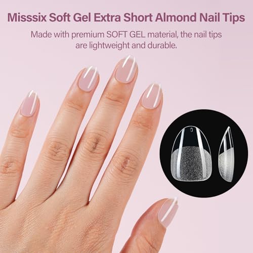 Misssix Extra Short Almond Gel Nail Tips Kit, 216Pcs Pre Etched Clear Nails