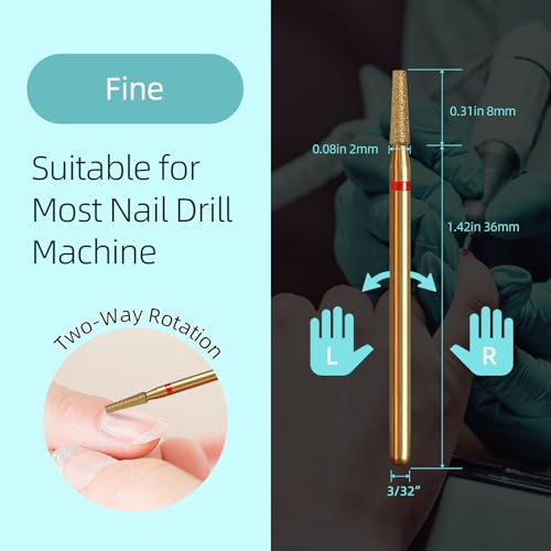 2mm Tapered Cuticle Clean Nail Drill Bit, Titanium Coating Series Russian Diamond Nail Bits Professional Safety Under Nail Cleaner for Cuticle Dead Skin, Electric Nails Accessories, Fine - color: 2mm Small Tapered Cuticle Bit, size: Fine - F