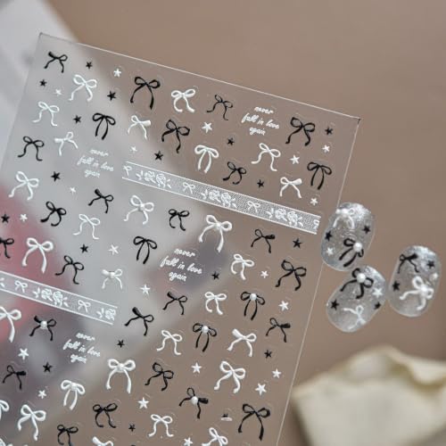 Bow Nail Stickers Black Red Nail Art Decals Pearl Nail Charms Stickers - color: Color12