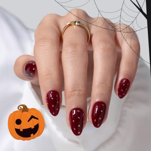 SHANGMENG Press on Nails, Almond Short Cherry Red Nails with 3D Polka Dots - color: Diva's Gala