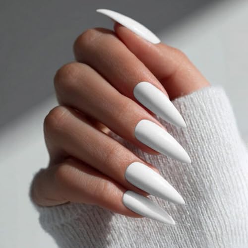 White Press on Nails Almond Long Glossy Fake Nails for Women - color: 10-Milk White
