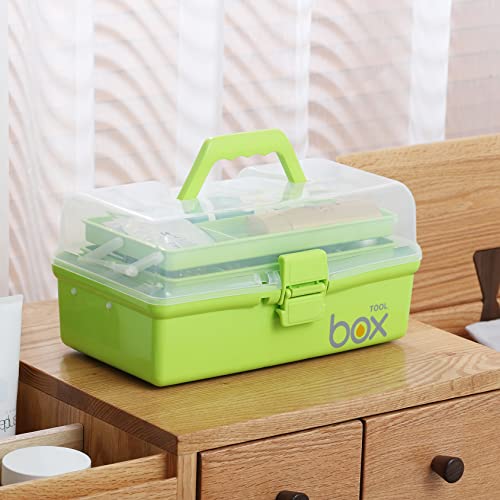 Kinsorcai 2PCS 12'' Three-Layer Clear Plastic Storage Box/Tool Box, Multipurpose Organizer and Portable Handled Storage Case for Art Craft and Cosmetic (Green) - color: green, size: 2PCS