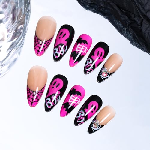 24Pcs Halloween Press on Nails Medium Almond French Tip Fake Nails with Spider Web and Rhinestone Designs Hot Pink Glossy False Nails Bat Ghost Glue on Nails for Women Halloween Acrylic Nails DIY - color: special Halloween-1