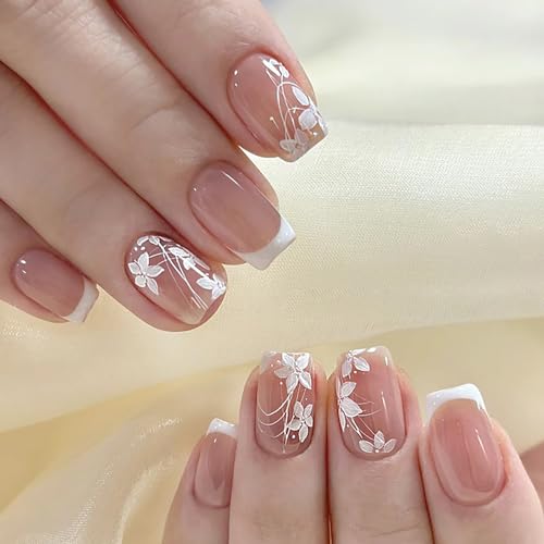 RTKHFZE Press on Nails French Tip Short Fake Nails Square Acrylic Nails with Cute Flower Designs Artificial Pink False Nails Stick on Nail for Women Manicure 24Pcs - color: R846