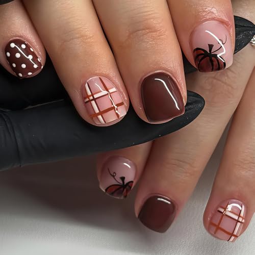 24Pcs Brown Fall Press on Nails Short Square Fake Nails with Plaid Polka Dots Designs Thanksgiving False Nails Pumpkin Glue on Nails Autumn Glossy Full Cover Stick on Nails for Women - color: Fall14
