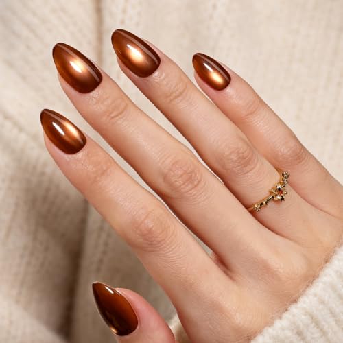 Beetles Brown Cat Eye Press On Nails Short Almond, 96 PCS Nail Tips - color: 0 - Brown CatEye - S