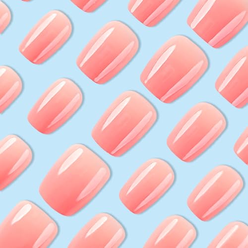 Gradient Press on Nails Short Coffin Fake Nails with Ombre Full Cover Glossy Designs Nails Press ons Pink Glue on Nails Stick on Nails for Women 30Pcs - color: pink-3