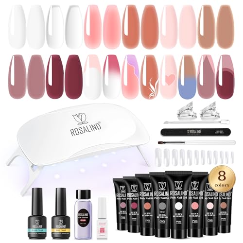 ROSALIND Clear Poly Nail Gel Kit 8 Colors Starter Kit with UV Lamp Tools - color: 8 Colors Nude Poly Kit 01