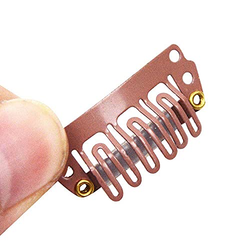 YANTAISIYU 24 pcs/lot Hair Extensions Clips 28mm 6-Teeth U-Shape Snap Metal Wig Clips with Rubber for Hairpiece Hair Extensions (Light Brown) - color: Light Brown, style: 28mm 24pcs U-shape