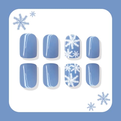 Winter Press on Nails Short Square Fake Nails Snowflake Blue Designs 24Pcs - color: 27