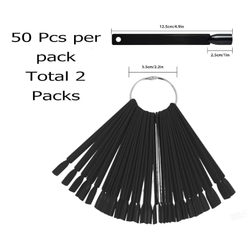 100Pcs Nail Swatch Sticks with Ring, Fan Shape Nail Art Polish Display Tips, False Nail Black Color Display Nail Practice