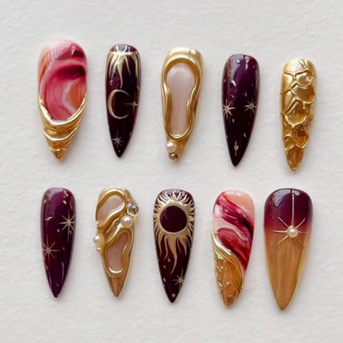 24Pcs Gothic Press On Nails Almond Long Stiletto Fake Nails Luxury Chrome Gold 3D Rhinestone Designs Y2k Sun Moon Star Stick On Nails Reusable Acrylic False Nails for Women Girls Nail Art Decoration