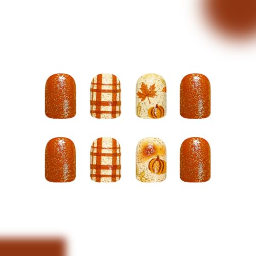 Fall Press On Nails Short Square Fake Nails With Maple Leaf Pumpkin Designs - color: fallnails12