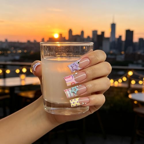 Coffin Press on Nails Long Pastel Plaid Fake Nails 24pcs - color: style-CL17