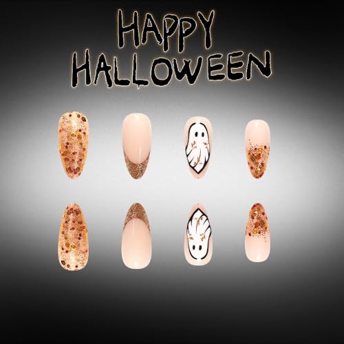 Halloween Press On Nails, Almond Ghost Gold Foil Design, Nude Brown - color: style 10
