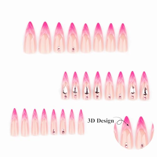 MISUD Press on Nails - Long Stiletto Fake Nails with Hot Pink, Acrylic Handmade 3D Rhinestone Design 24 pcs - color: 06103Pink