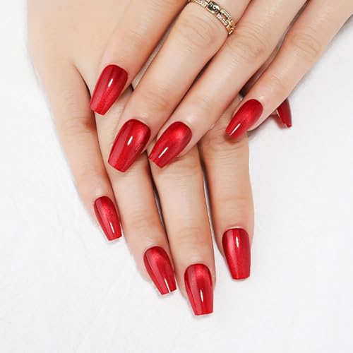 Red Medium Coffin Press On Nails, Cat Eye Press on Nails, Fashion Gel Fake Nails, Reusable Red Fake Nails, Glossy Stick on Nails for Women Girls, Glue on Nails Kit 32Pcs, Ballet Heatwave - color: C1-Ballet Heatwave