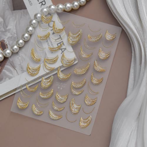 5D Embossed Nail Stickers, Premium Salon-Quality Self-Adhesive 3D Nail Art Decals, Refined Classic Designs for Easy DIY Manicure (Golden Crescent) - color: Golden Crescent
