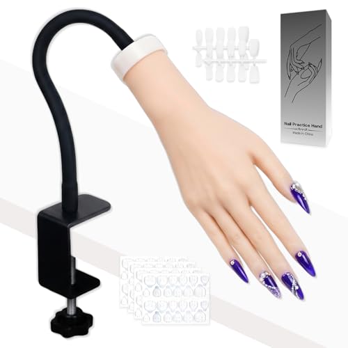Nail Practice Hand for Acrylic Nails with Adjustable Stand, Flexible Bendable Mannequin Hand for Nail Art Training, Reusable Fake Hand for Gel Nails, Acrylic Application & Beginner Nail Practice Set